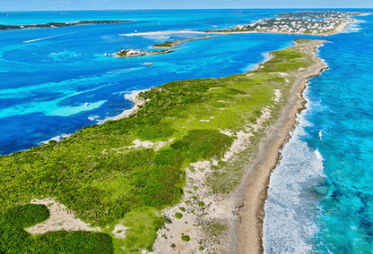 Aerial view of a coastline in the Bahamas.