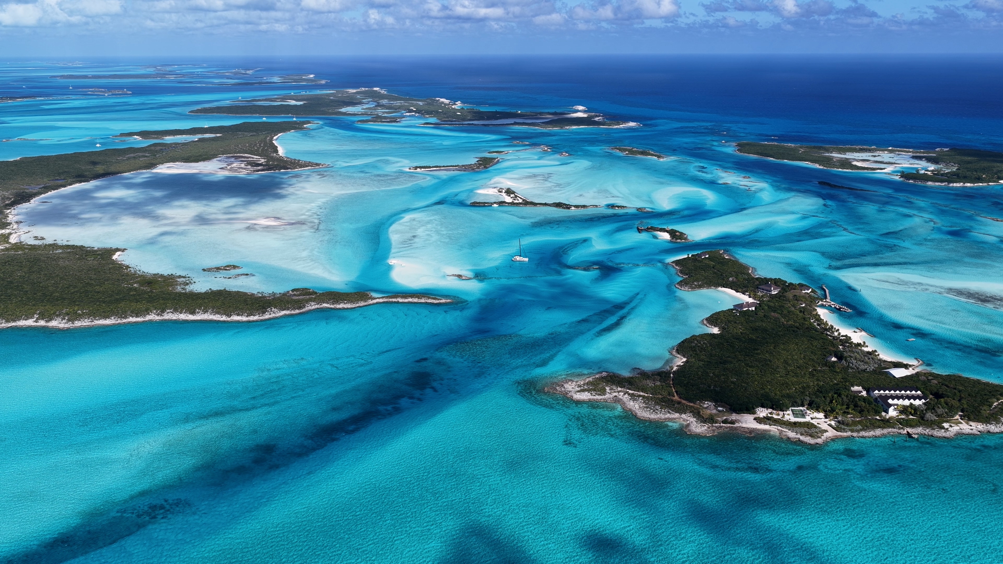 Aerial view of the Exuma island chain, Abaco, Bahamas
