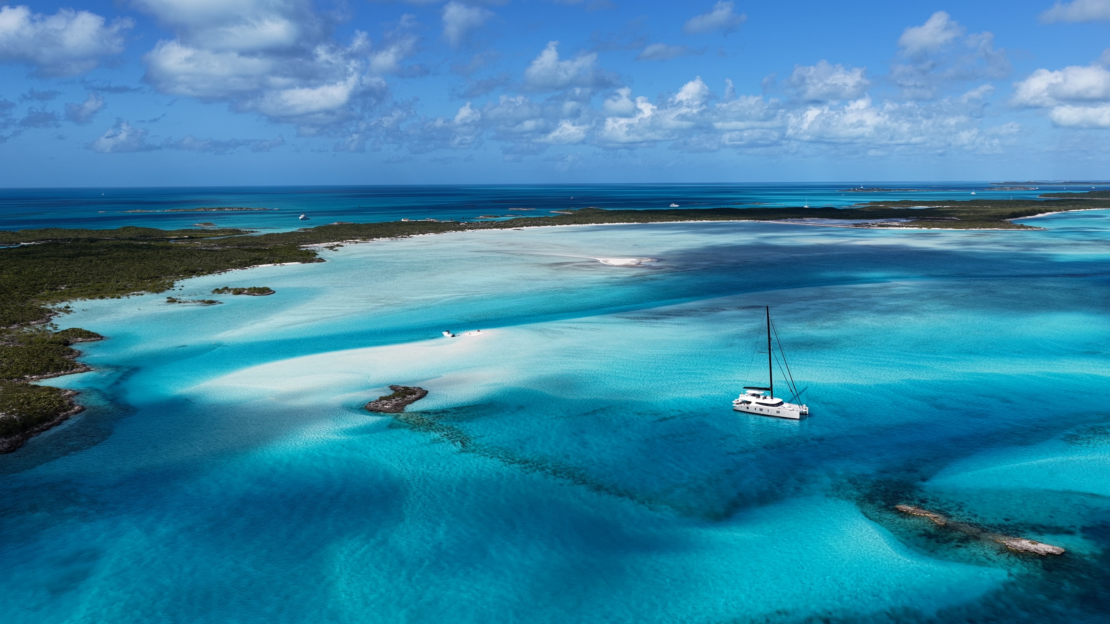 Aerial view of a boat on the Exuma Sound, Abaco Bahamas