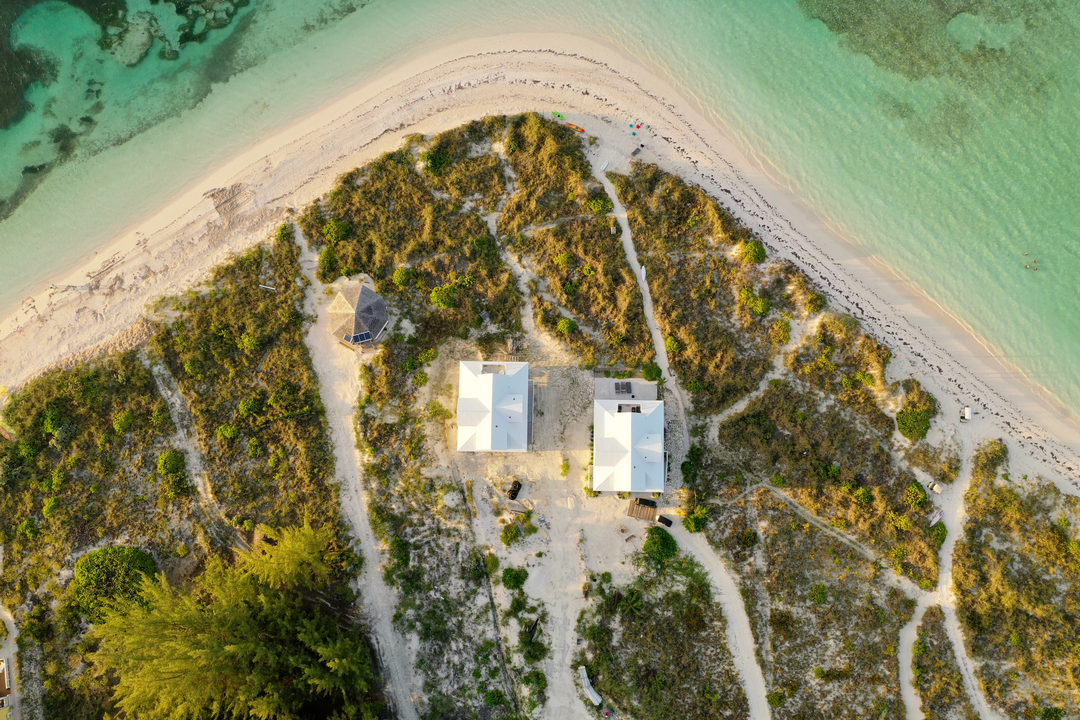 Aerial view of beachfront homes in Spanish Wells, Bahamas