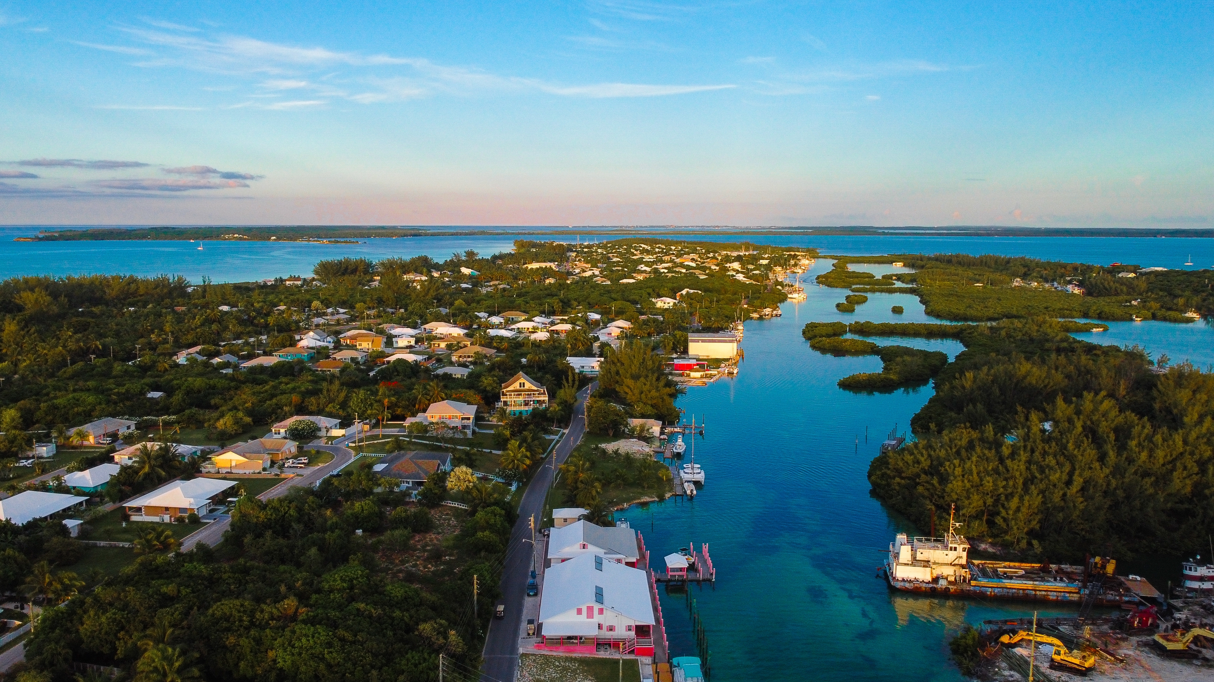 Aerial view of the Spanish Wells fishing village at sunset in the Bahamas